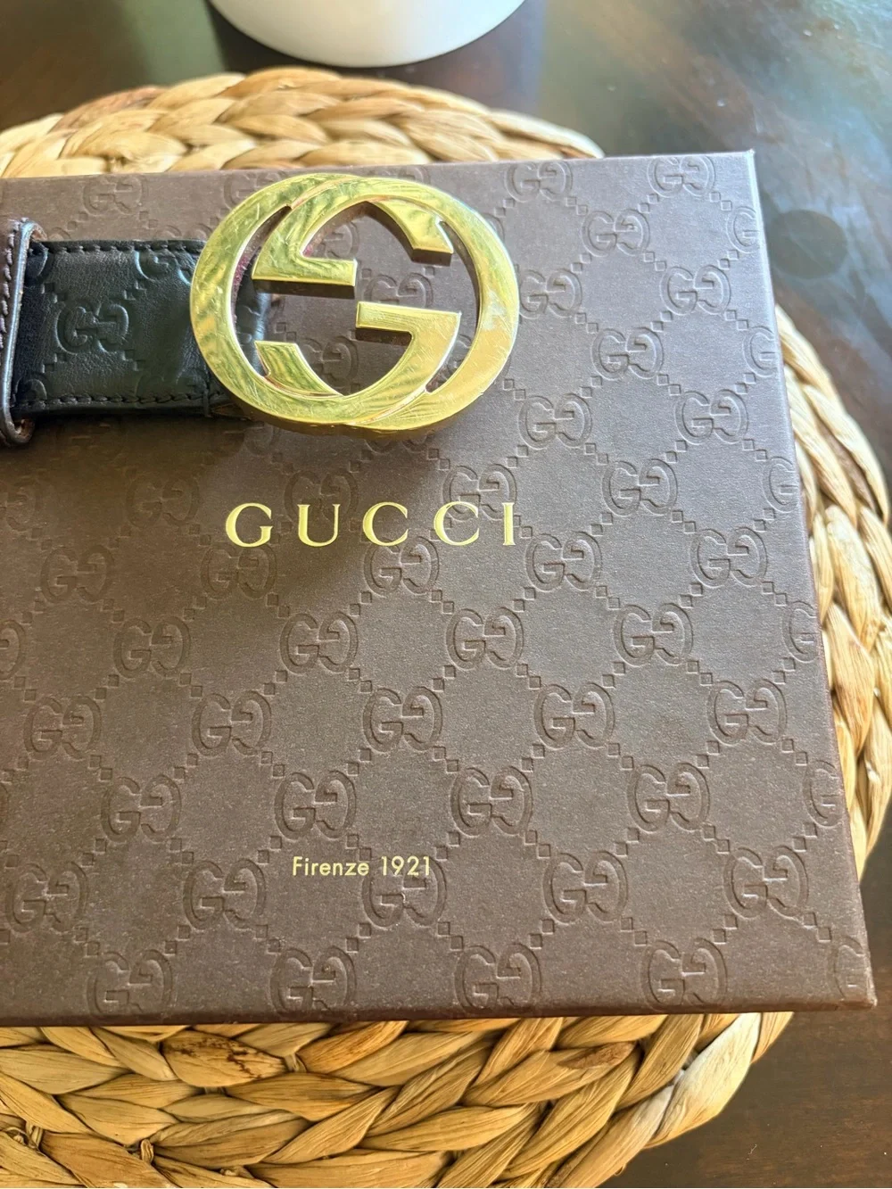 Gucci Brown Leather Belt with Gold GG Buckle w/COA, Gucci box & Gucci dust bag